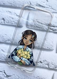 Прозорий чохол на iPhone 12 / 12 Pro патріотичний дизайн Дівчина з тюльпанами принт 22