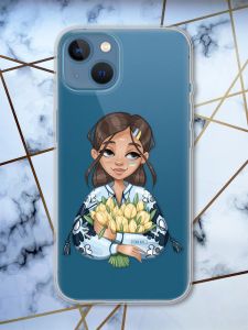 Прозорий чохол для Apple iPhone 13 патріотичний дизайн Дівчина з тюльпанами принт 22