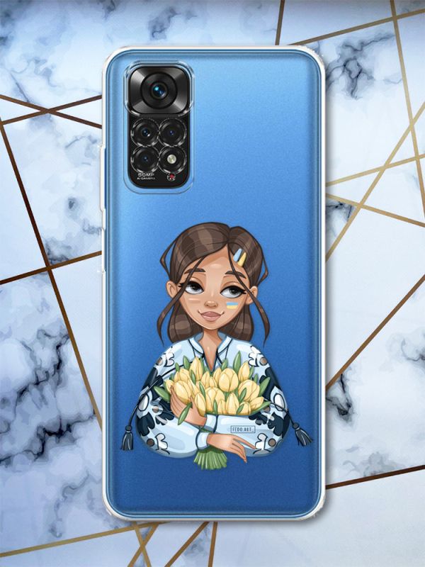 Прозорий чохол на Xiaomi Redmi Note 11 4G патріотичний дизайн Дівчина з тюльпанами принт 22