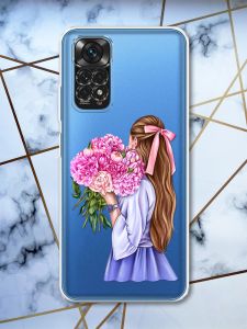Прозорий чохол на Xiaomi Redmi Note 11 4G рельєфний дизайн Дівчина з півоніями принт 11