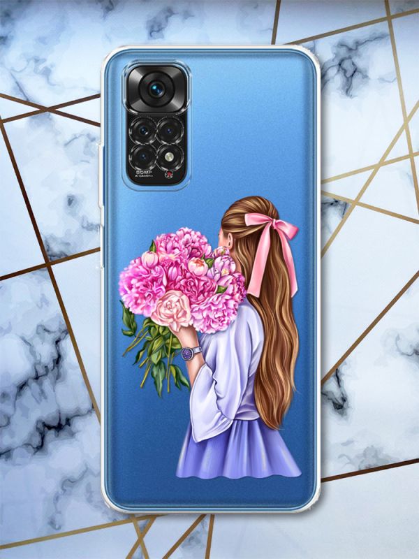 Прозорий чохол на Xiaomi Redmi Note 11 4G рельєфний дизайн Дівчина з півоніями принт 11