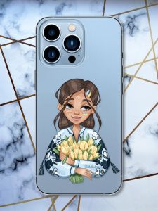 Прозорий чохол на Apple iPhone 13 Pro Max патріотичний дизайн Дівчина з тюльпанами принт 22