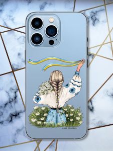 Прозорий чохол на Apple iPhone 13 Pro Max патріотичний дизайн Дівчина зі стрічкою принт 25