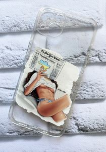 Прозорий чохол на Apple iPhone 13 рельєфний дизайн Дівчина з газетою принт 31