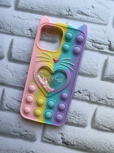 Чохол Попіт Антистрес Поп-Іт Pop It для Apple iPhone 13 Pro Max Поп іт Котик із серцем Рожево-фіол.