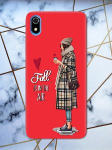 Матовий червоний чохол на Xiaomi Redmi 7A Дівчина з кавою принт 59