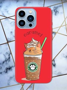 Матовий червоний чохол на Apple iPhone 13 Pro Max дизайн Капучіно котик принт 97