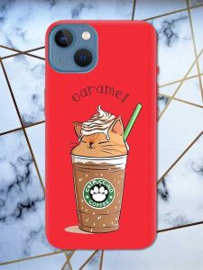 Матовий червоний чохол на Apple iPhone 13 дизайн Капучіно котик принт 97