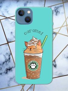 Матовий бірюзовий чохол на Apple iPhone 13 дизайн Капучіно котик принт 97