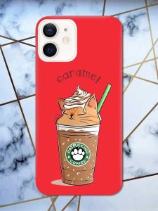 Матовий червоний чохол на Apple iPhone 12 / 12 Pro (6.1) дизайн Капучіно котик принт 97