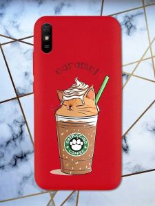 Матовий червоний чохол на Xiaomi Redmi 9А дизайн Капучіно котик принт 97