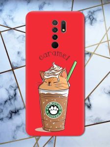 Матовий червоний чохол на Xiaomi Redmi 9 дизайн Капучіно котик принт 97