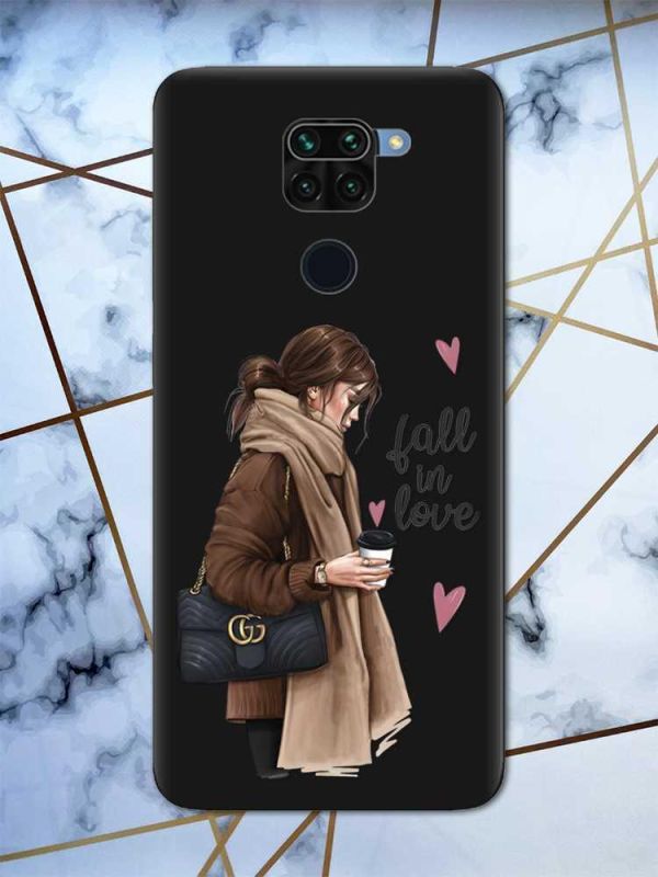 Матовий чорний чохол на Xiaomi Redmi Note 9 дизайн Дівчина з кавою принт 112