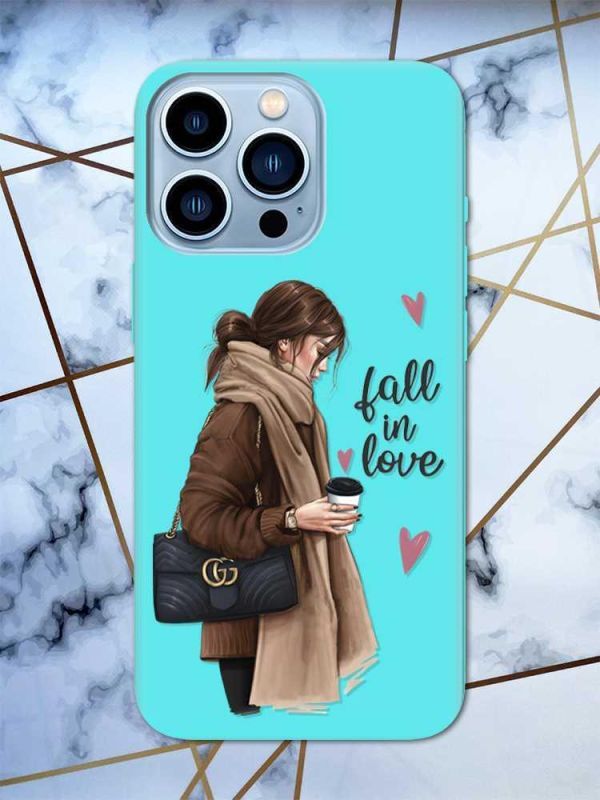 Матовий бірюзовий чохол на Apple iPhone 13 Pro Max дизайн Дівчина з кавою принт 112