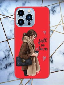 Матовий червоний чохол на Apple iPhone 13 Pro Max дизайн Дівчина з кавою принт 112