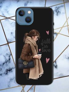 Матовий чорний чохол на Apple iPhone 13 дизайн Дівчина з кавою принт 112