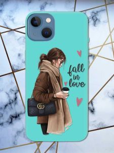 Матовий бірюзовий чохол на Apple iPhone 13 дизайн Дівчина з кавою принт 112