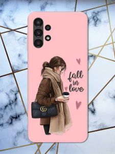 Матовий рожевий чохол на Samsung A13 4G дизайн Дівчина з кавою принт 112