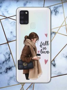 Прозорий чохол на Samsung Galaxy A21s дизайн Дівчина з кавою принт 112
