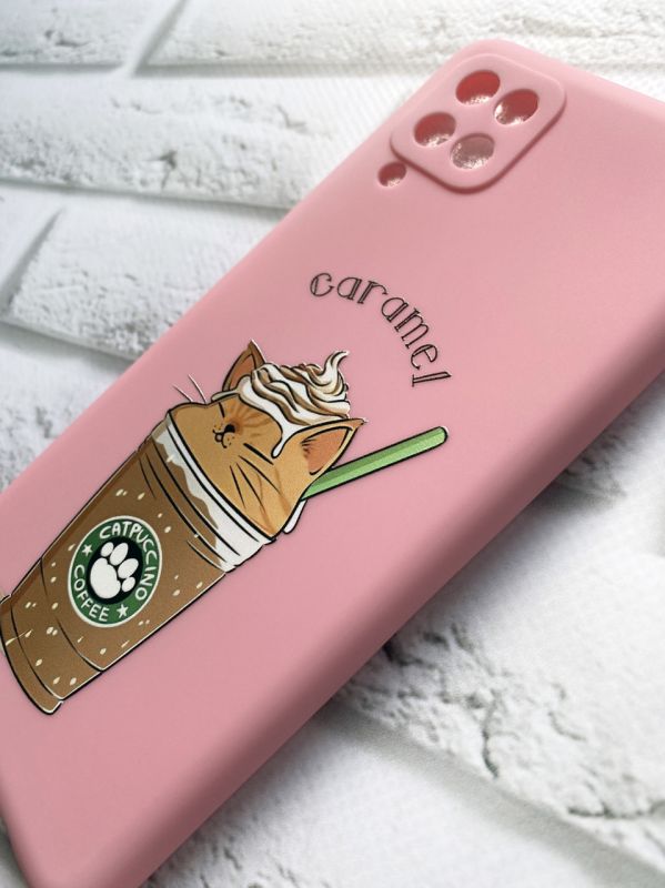 Матовий рожевий чохол на Samsung Galaxy A12 дизайн Капучіно котик принт 97