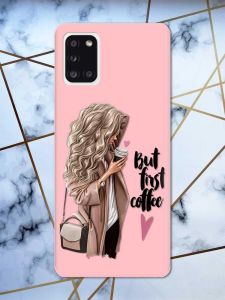 Матовий рожевий чохол на Samsung Galaxy A31 дизайн Дівчина з кавою принт 114