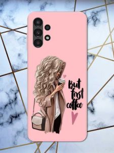 Матовий рожевий чохол на Samsung A13 4G дизайн Дівчина з кавою принт 114