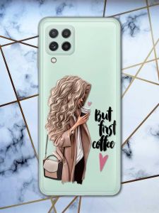 Прозорий чохол на Samsung Galaxy A22 4G / M22 / M32 Дівчина з кавою принт 114