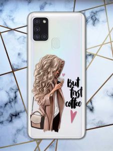 Прозорий чохол на Samsung Galaxy A21s дизайн Дівчина з кавою принт 114