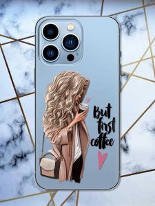 Прозорий чохол на Apple iPhone 13 Pro Max дизайн Дівчина з кавою принт 114