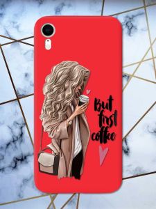 Матовий червоний чохол на Apple iPhone XR дизайн Дівчина з кавою принт 114