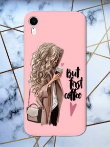 Матовий рожевий чохол на Apple iPhone XR дизайн Дівчина з кавою принт 114