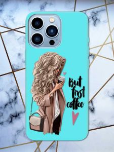 Матовий бірюзовий чохол на Apple iPhone 13 Pro Max дизайн Дівчина з кавою принт 114