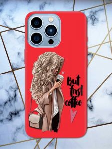 Матовий червоний чохол на Apple iPhone 13 Pro Max дизайн Дівчина з кавою принт 114