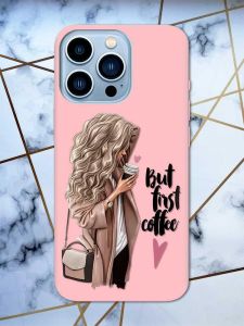 Матовий рожевий чохол на Apple iPhone 13 Pro Max дизайн Дівчина з кавою принт 114
