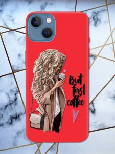 Матовий червоний чохол на Apple iPhone 13 дизайн Дівчина з кавою принт 114