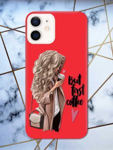 Матовий червоний чохол на Apple iPhone 12 / 12 Pro (6.1) дизайн Дівчина з кавою принт 114