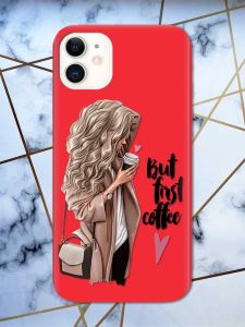 Матовий червоний чохол на Apple iPhone 11 (6.1) дизайн Дівчина з кавою принт 114