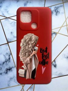 Матовий червоний чохол на Xiaomi Redmi 10C дизайн Дівчина з кавою принт 114