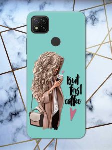 Матовий бірюзовий чохол на Xiaomi Redmi 9C / 10A дизайн Дівчина з кавою принт 114