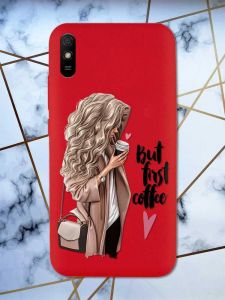 Матовий червоний чохол на Xiaomi Redmi 9А дизайн Дівчина з кавою принт 114