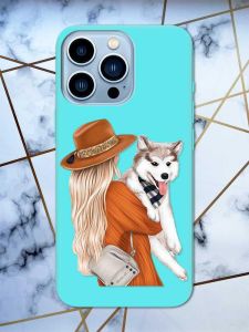 Матовий бірюзовий чохол на Apple iPhone 13 Pro Max дизайн Дівчина з песиком принт 115