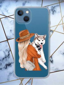 Прозорий чохол на Apple iPhone 13 дизайн Дівчина з песиком принт 115