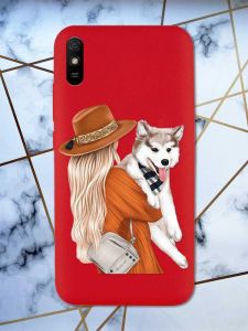Матовий червоний чохол на Xiaomi Redmi 9А дизайн Дівчина з песиком принт 115