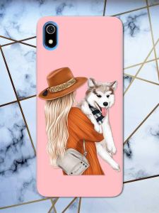 Матовий рожевий чохол на Xiaomi Redmi 7A дизайн Дівчина з песиком принт 115