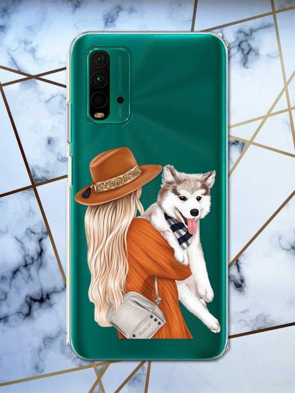 Прозорий чохол на Xiaomi Redmi 9T  дизайн Дівчина з песиком принт 115
