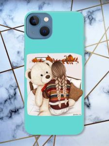 Матовий бірюзовий чохол на Apple iPhone 13 дизайн Дівчинка з ведмедиком принт 117