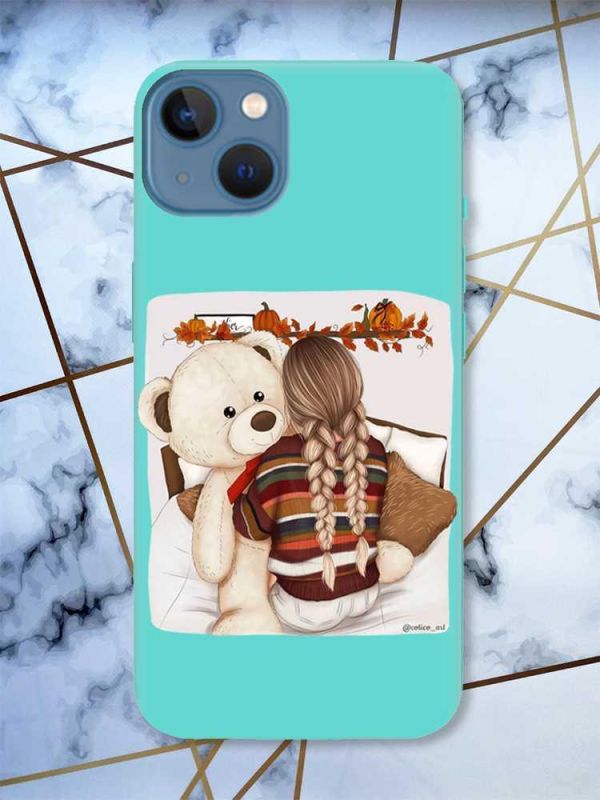 Матовий бірюзовий чохол на Apple iPhone 13 дизайн Дівчинка з ведмедиком принт 117