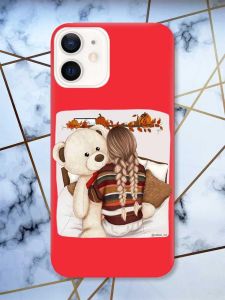 Матовий червоний чохол на Apple iPhone 12 / 12 Pro (6.1) дизайн Дівчинка з ведмедиком принт 117