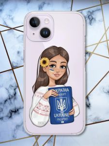 Прозорий чохол із захистом камери на iPhone 14 патріотичний дизайн Українка з паспортом принт 12