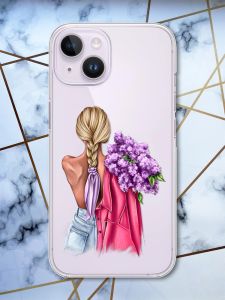 Прозорий чохол із захистом камери на iPhone 14 рельєфний дизайн Дівчина з бузком принт 7